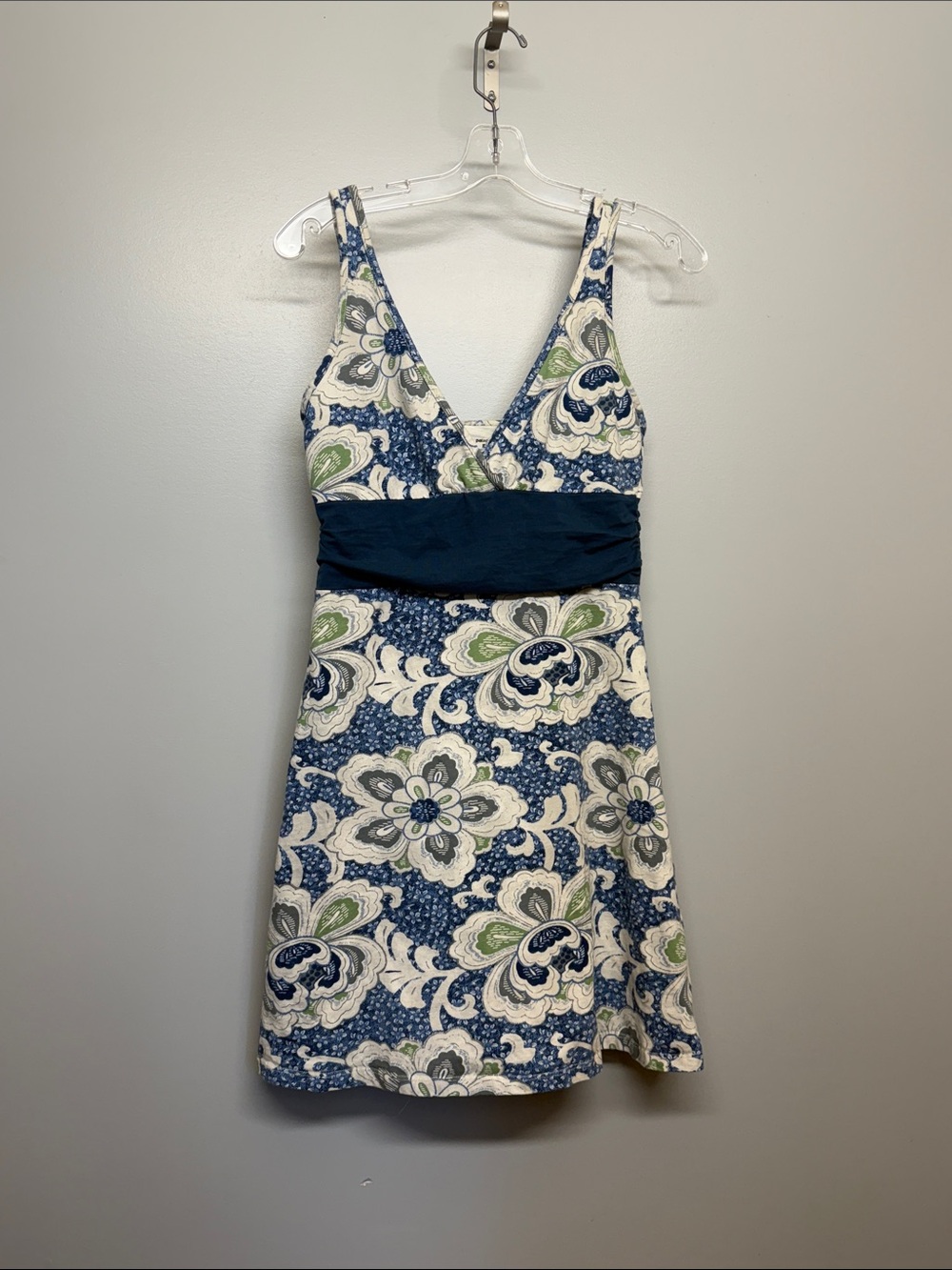 Patagonia Blue White Green Floral Empire-Waist Mini Dress